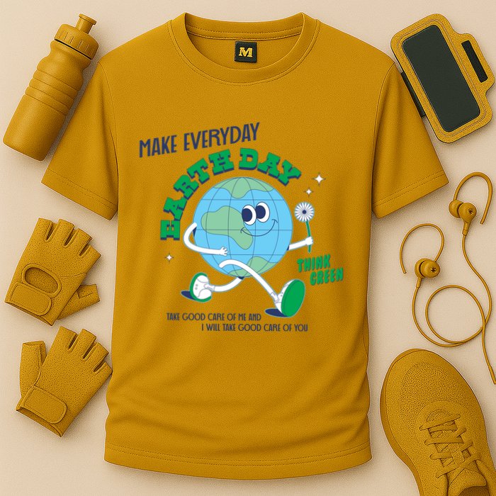 Funny Make Everyday Earth Day Think Green Cartoon Earth Cooling Performance Crew T-Shirt