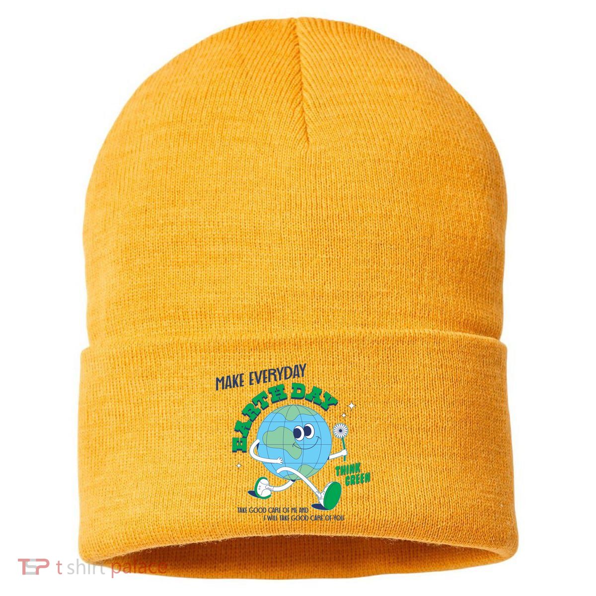 Funny Make Everyday Earth Day Think Green Cartoon Earth Sustainable Knit Beanie