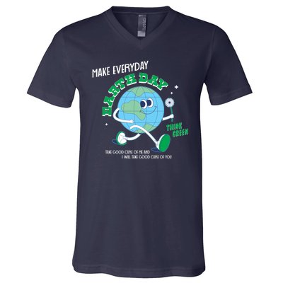 Funny Make Everyday Earth Day Think Green Cartoon Earth V-Neck T-Shirt