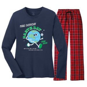 Funny Make Everyday Earth Day Think Green Cartoon Earth Women's Long Sleeve Flannel Pajama Set 