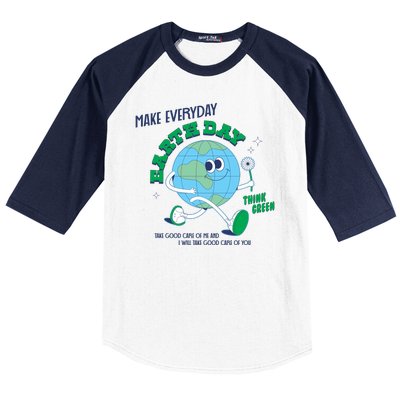 Funny Make Everyday Earth Day Think Green Cartoon Earth Baseball Sleeve Shirt