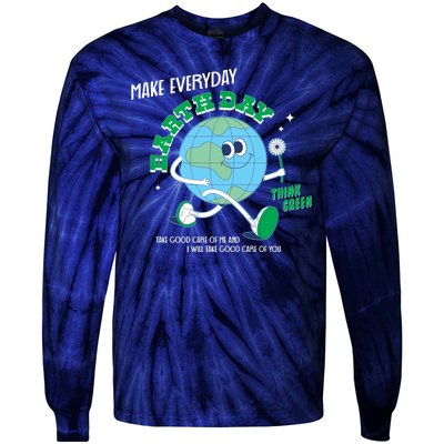 Funny Make Everyday Earth Day Think Green Cartoon Earth Tie-Dye Long Sleeve Shirt