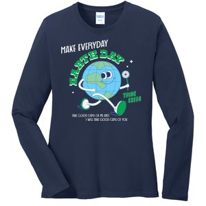 Funny Make Everyday Earth Day Think Green Cartoon Earth Ladies Long Sleeve Shirt