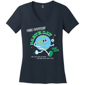 Funny Make Everyday Earth Day Think Green Cartoon Earth Women's V-Neck T-Shirt