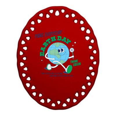 Funny Make Everyday Earth Day Think Green Cartoon Earth Ceramic Oval Ornament