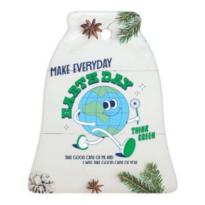 Funny Make Everyday Earth Day Think Green Cartoon Earth Ceramic Bell Ornament