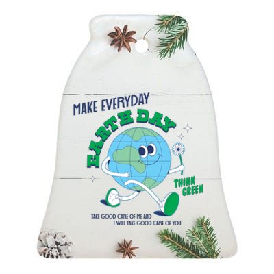 Funny Make Everyday Earth Day Think Green Cartoon Earth Ceramic Bell Ornament