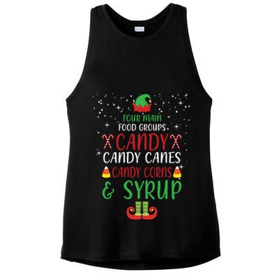 Four Main Food Groups Candy Canes Candy Corns Syrup Elf Ladies PosiCharge Tri-Blend Wicking Tank