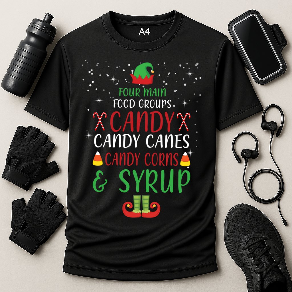 Four Main Food Groups Candy Canes Candy Corns Syrup Elf Performance Shirt