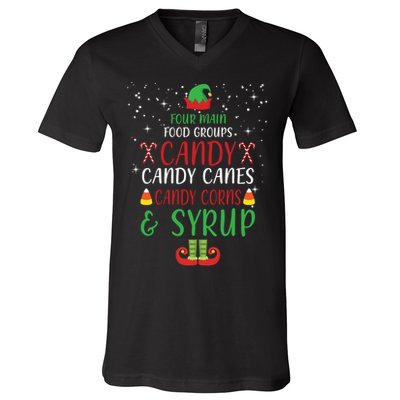 Four Main Food Groups Candy Canes Candy Corns Syrup Elf V-Neck T-Shirt