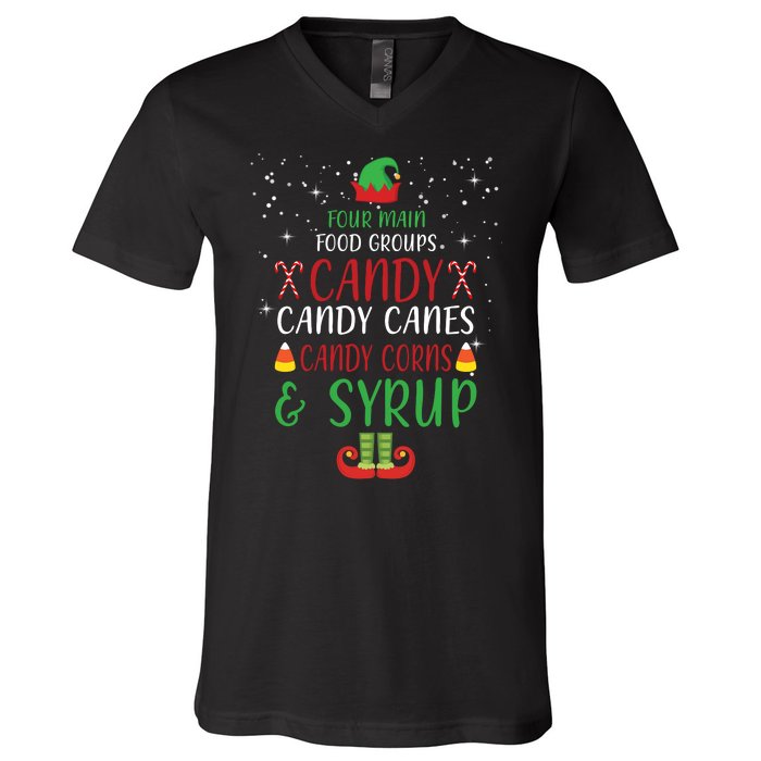 Four Main Food Groups Candy Canes Candy Corns Syrup Elf V-Neck T-Shirt