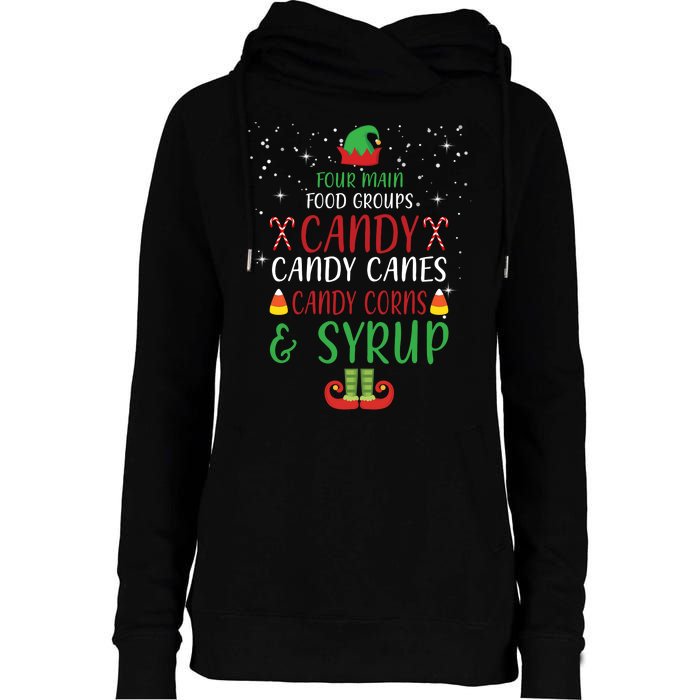 Four Main Food Groups Candy Canes Candy Corns Syrup Elf Womens Funnel Neck Pullover Hood