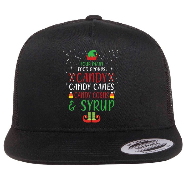 Four Main Food Groups Candy Canes Candy Corns Syrup Elf Flat Bill Trucker Hat