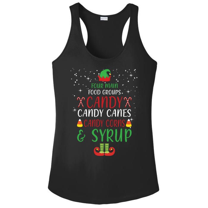 Four Main Food Groups Candy Canes Candy Corns Syrup Elf Ladies PosiCharge Competitor Racerback Tank