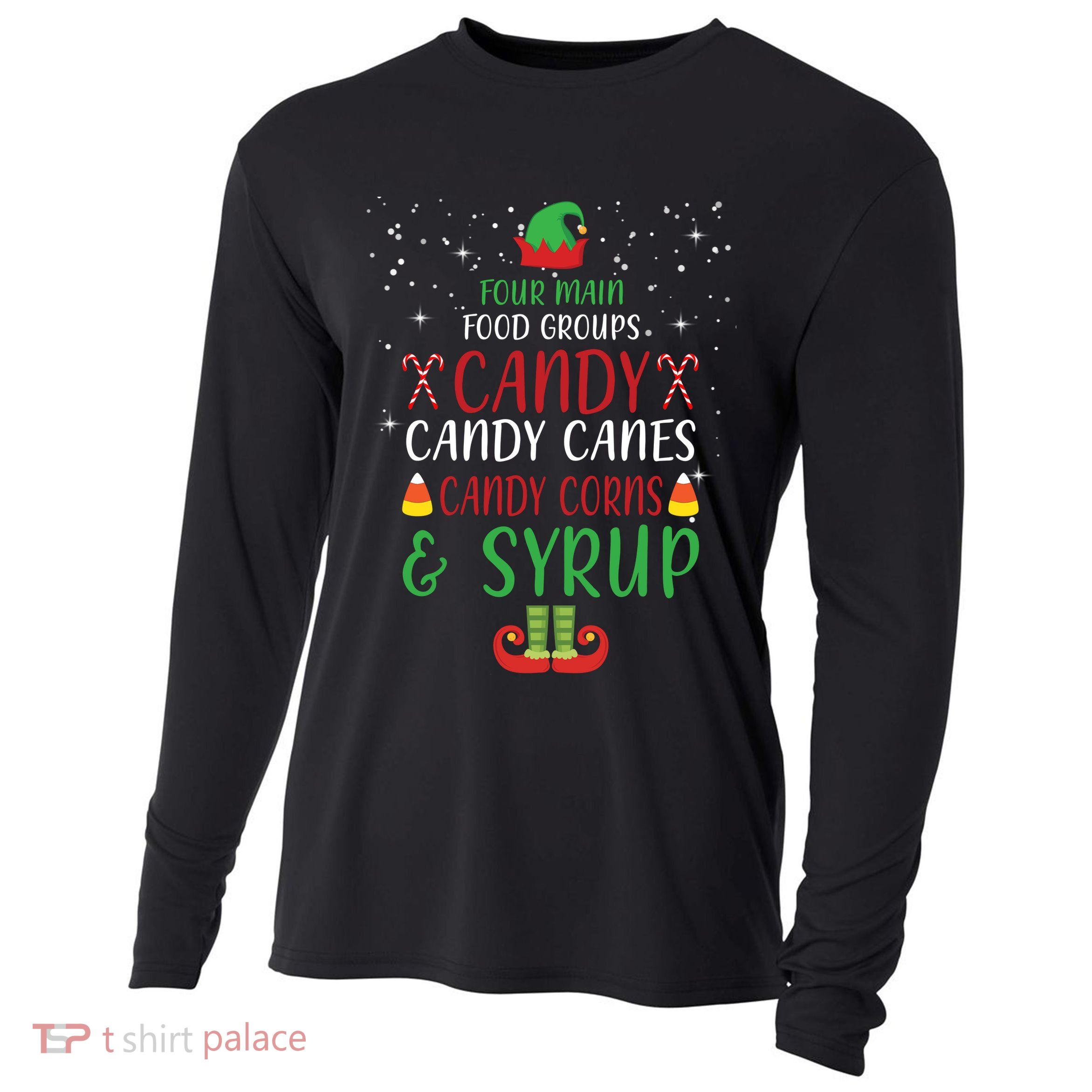 Four Main Food Groups Candy Canes Candy Corns Syrup Elf Cooling Performance Long Sleeve Crew