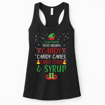 Four Main Food Groups Candy Canes Candy Corns Syrup Elf Womens Tank Top