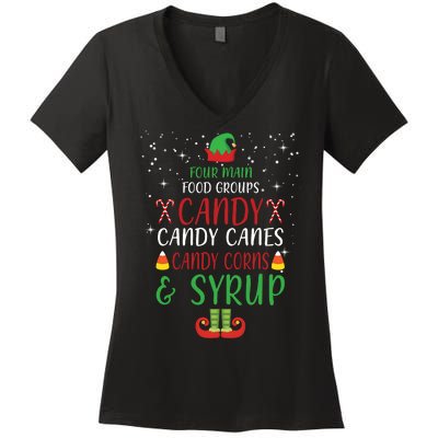 Four Main Food Groups Candy Canes Candy Corns Syrup Elf Women's V-Neck T-Shirt