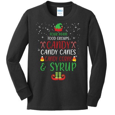 Four Main Food Groups Candy Canes Candy Corns Syrup Elf Kids Long Sleeve Shirt