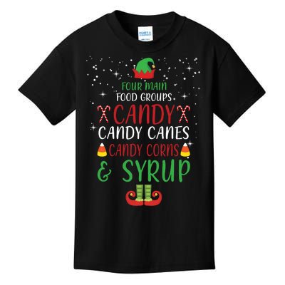 Four Main Food Groups Candy Canes Candy Corns Syrup Elf Kids T-Shirt