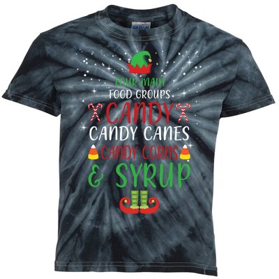 Four Main Food Groups Candy Canes Candy Corns Syrup Elf Kids Tie-Dye T-Shirt