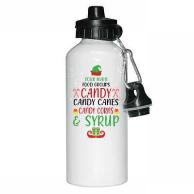 Four Main Food Groups Candy Canes Candy Corns Syrup Elf Aluminum Water Bottle