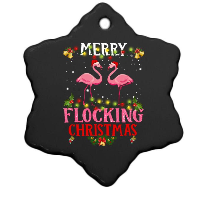 Flamingo Merry Flocking Christmas Ceramic Star Ornament