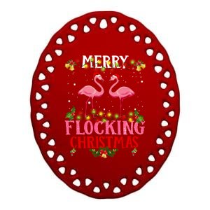 Flamingo Merry Flocking Christmas Ceramic Oval Ornament