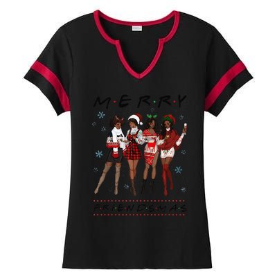 Funny Merry Friendsmas Black Girl Friends Christmas Matching Group Ladies Halftime Notch Neck Tee