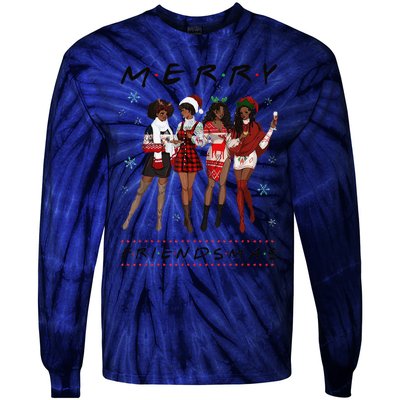 Funny Merry Friendsmas Black Girl Friends Christmas Matching Group Tie-Dye Long Sleeve Shirt