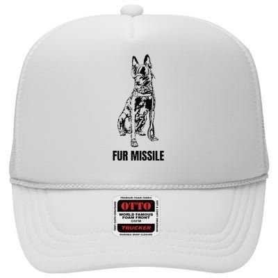 Fur Missile Funny Black Belgian Malinois Dog High Crown Mesh Back Trucker Hat