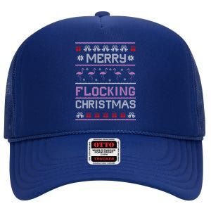 Flamingo Merry Flocking Christmas Funny Xmas Pajama Cool Gift High Crown Mesh Back Trucker Hat