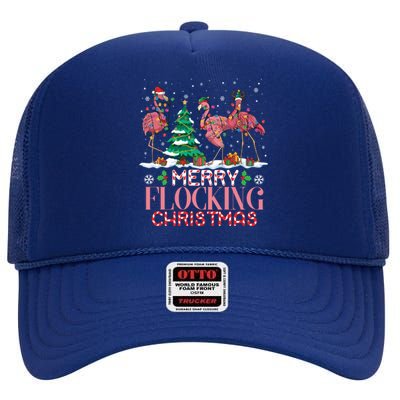 Flamingo Merry Flocking Christmas Funny Xmas Gift High Crown Mesh Back Trucker Hat