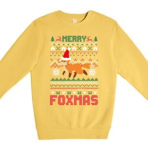 Funny Merry Foxtmas Ugly Christmas Fox Santa Hat Gift Premium Crewneck Sweatshirt