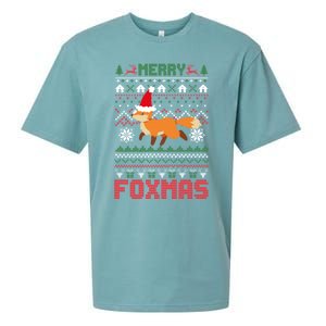 Funny Merry Foxtmas Ugly Christmas Fox Santa Hat Gift Sueded Cloud Jersey T-Shirt