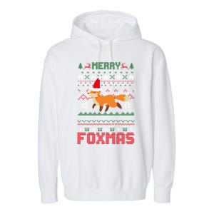 Funny Merry Foxtmas Ugly Christmas Fox Santa Hat Gift Garment-Dyed Fleece Hoodie