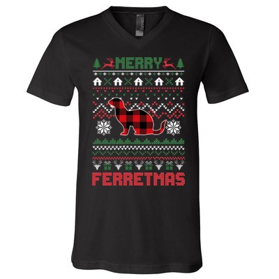 Funny Merry Ferretmas Ugly Christmas Sweater Ferret Santa V-Neck T-Shirt