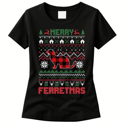Funny Merry Ferretmas Ugly Christmas Sweater Ferret Santa Womens T-Shirt