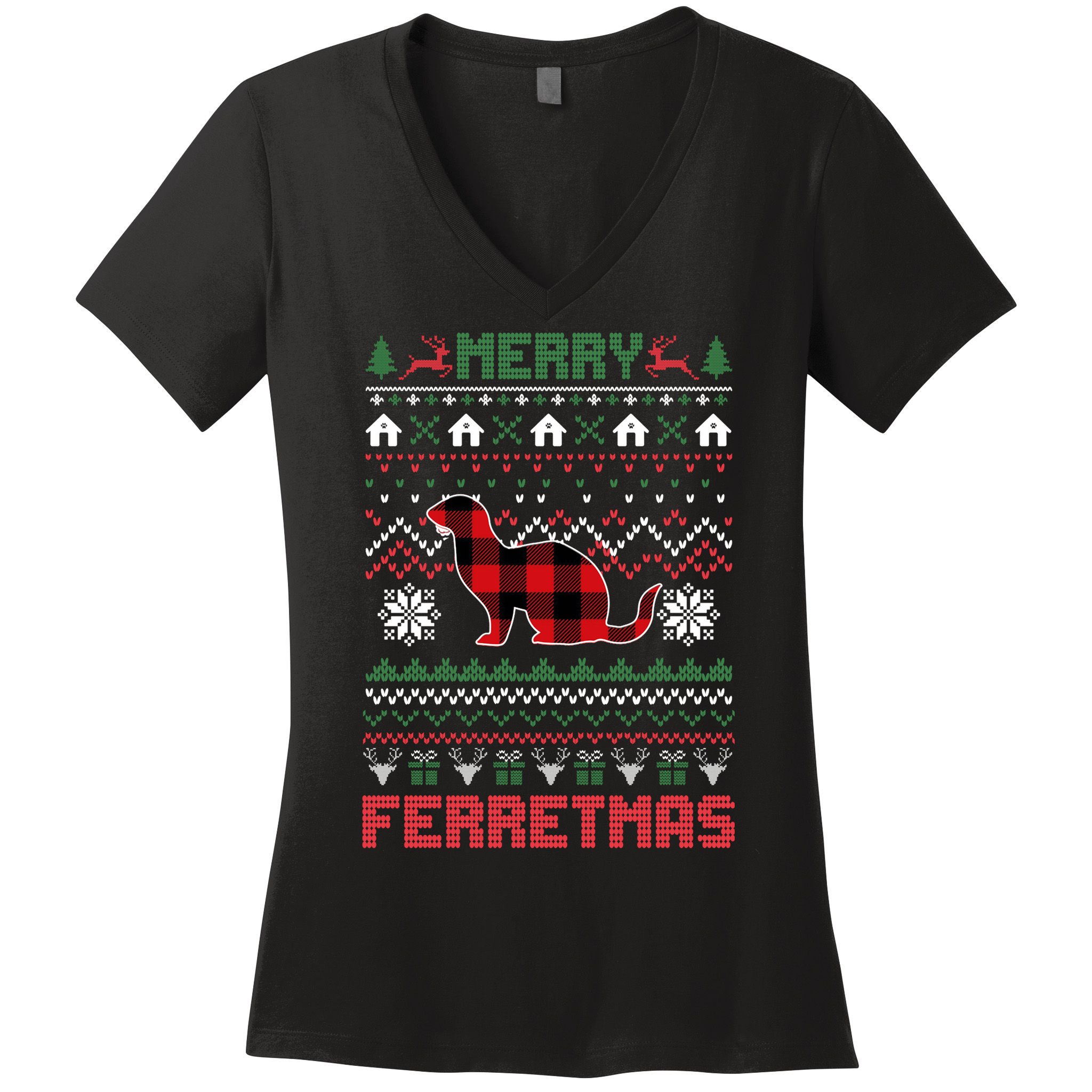 Funny Merry Ferretmas Ugly Christmas Sweater Ferret Santa Women's V-Neck T-Shirt