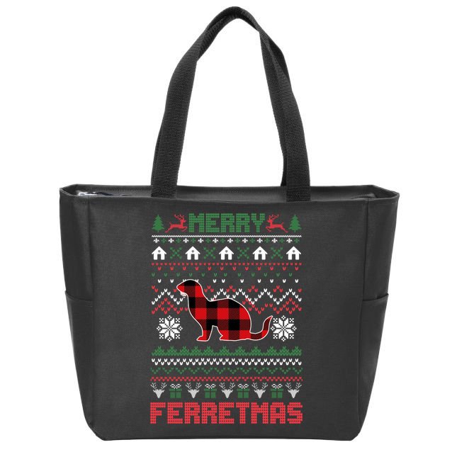 Funny Merry Ferretmas Ugly Christmas Sweater Ferret Santa Zip Tote Bag