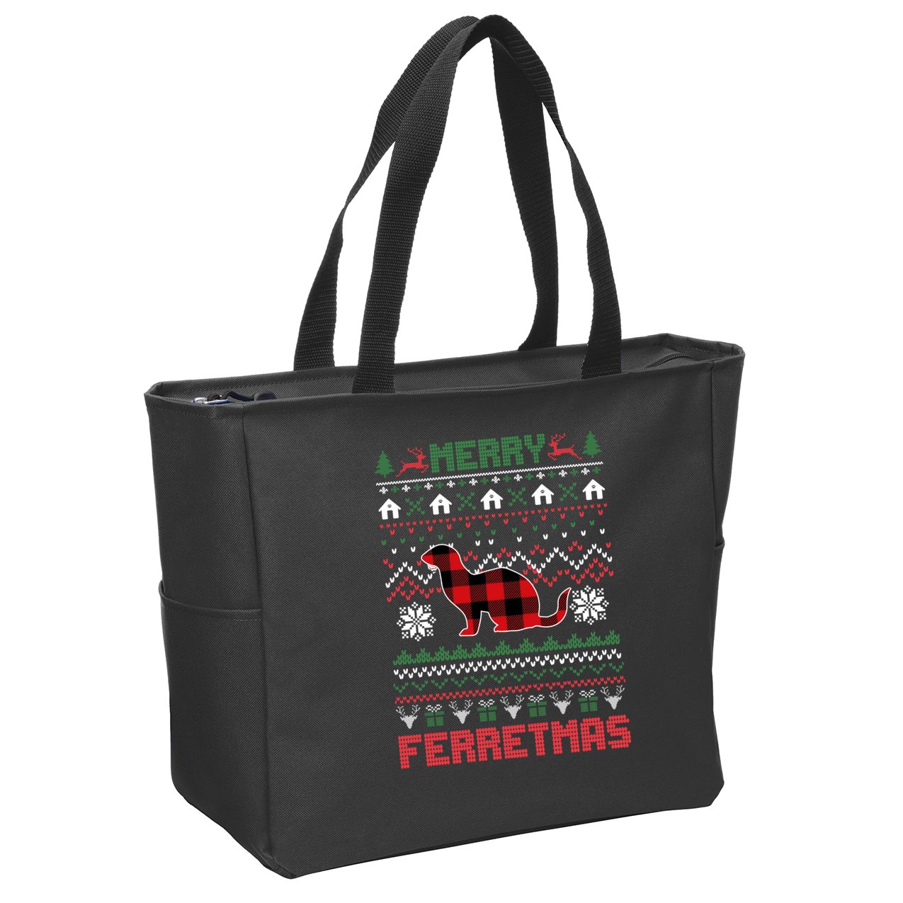 Funny Merry Ferretmas Ugly Christmas Sweater Ferret Santa Zip Tote Bag