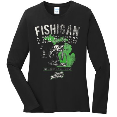 Fishigan Michigan Fishing Gift Apparel For Novelty Ladies Long Sleeve Shirt