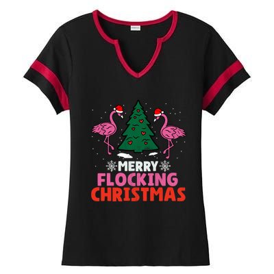 Flamingo Merry Flocking Christmas Funny Xmas Cool Gift Ladies Halftime Notch Neck Tee