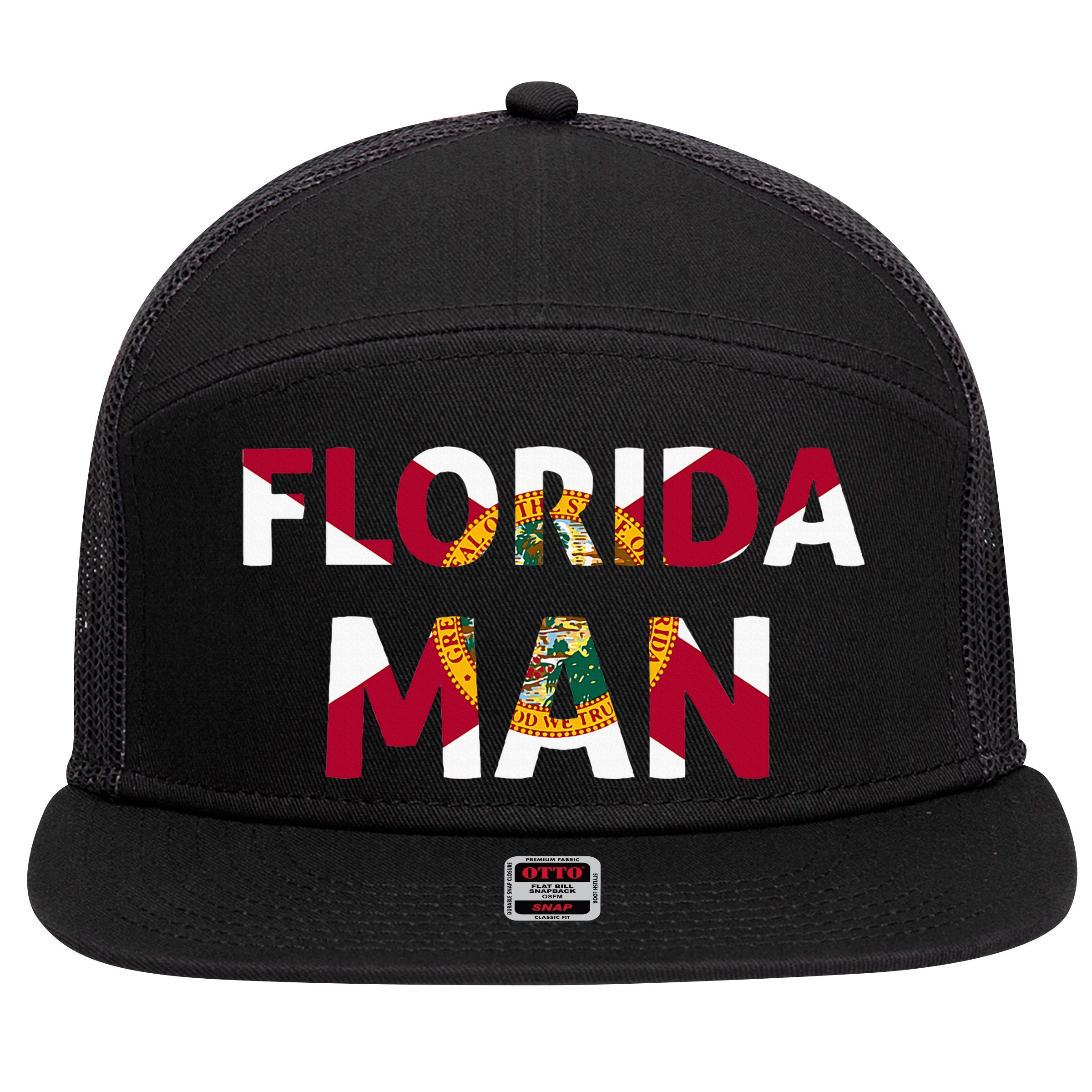 Florida Man & Florida State Flag 7 Panel Mesh Trucker Snapback Hat