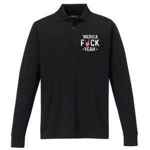 Funny Merica Fuck Yeah 4th Of July Performance Long Sleeve Polo