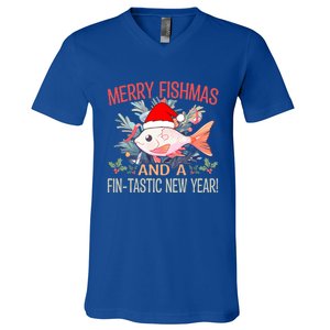 Fishing Merry Fishmas And A Fintastic New Year Cool Gift V-Neck T-Shirt