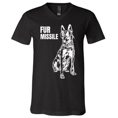 Fur Missile Funny Beligian Malinois Dog V-Neck T-Shirt