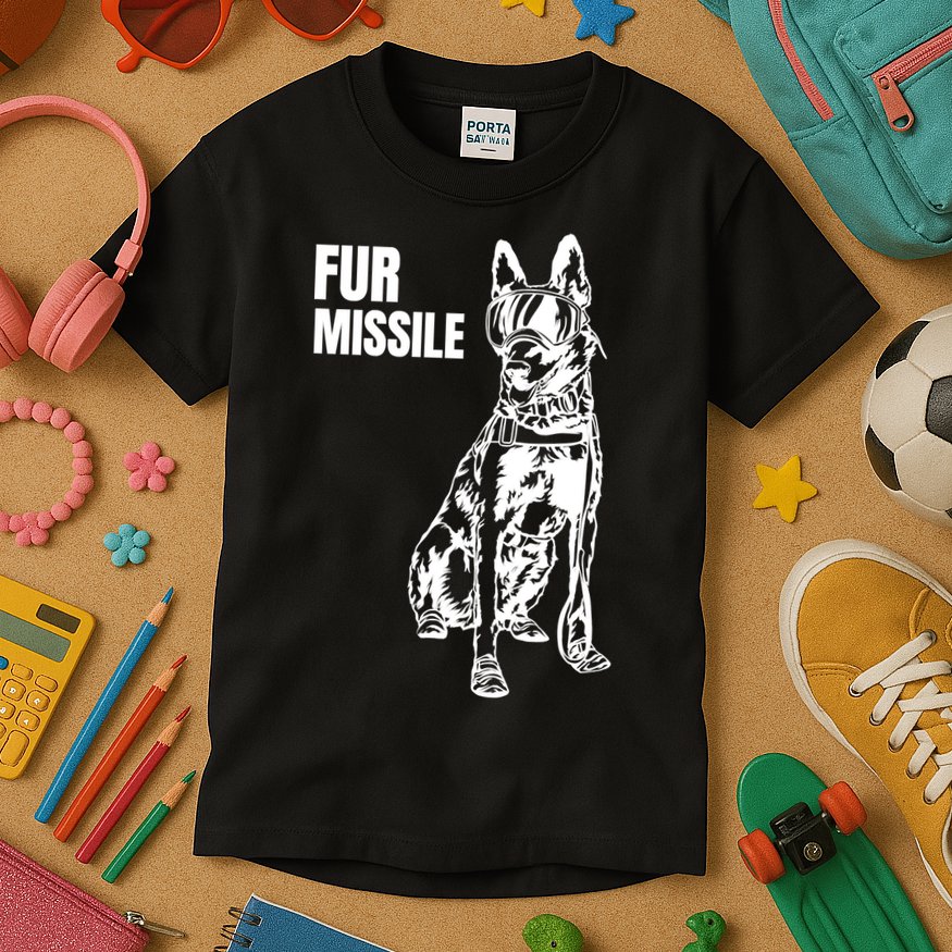 Fur Missile Funny Beligian Malinois Dog Kids T-Shirt