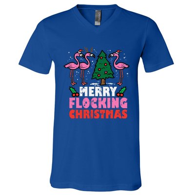 Flamingo Merry Flocking Christmas Funny Xmas V-Neck T-Shirt