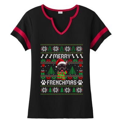 Funny Merry Frenchmas French Bulldog Christmas Ugly Sweater Ladies Halftime Notch Neck Tee