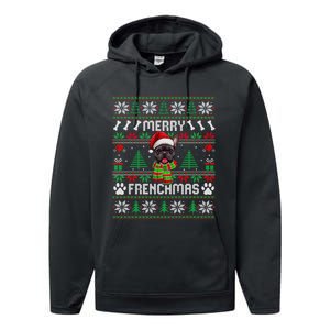 Funny Merry Frenchmas French Bulldog Christmas Ugly Sweater Performance Fleece Hoodie